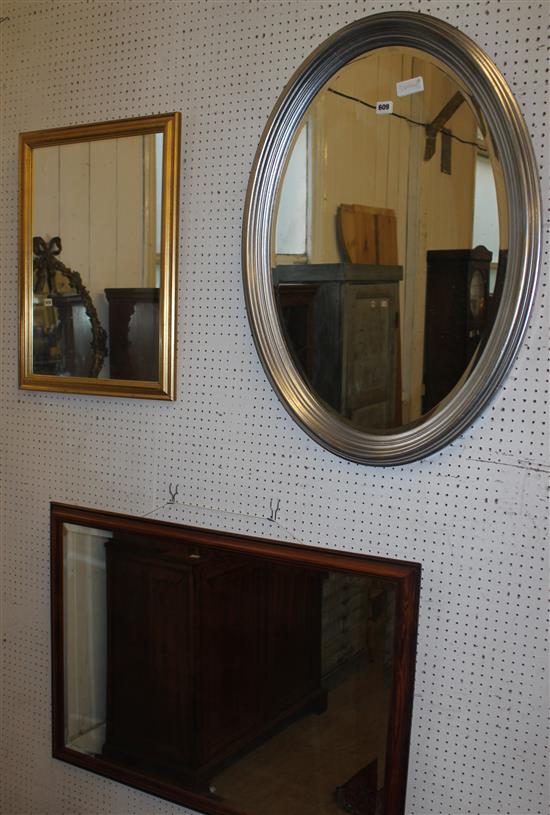 Oval silvered mirror, gilt mirror & another